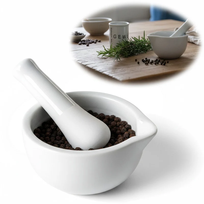 Keramik Mörser Stößel Set Weiß Ø 12cm kleiner Gewürzmörser Zerkleinerer