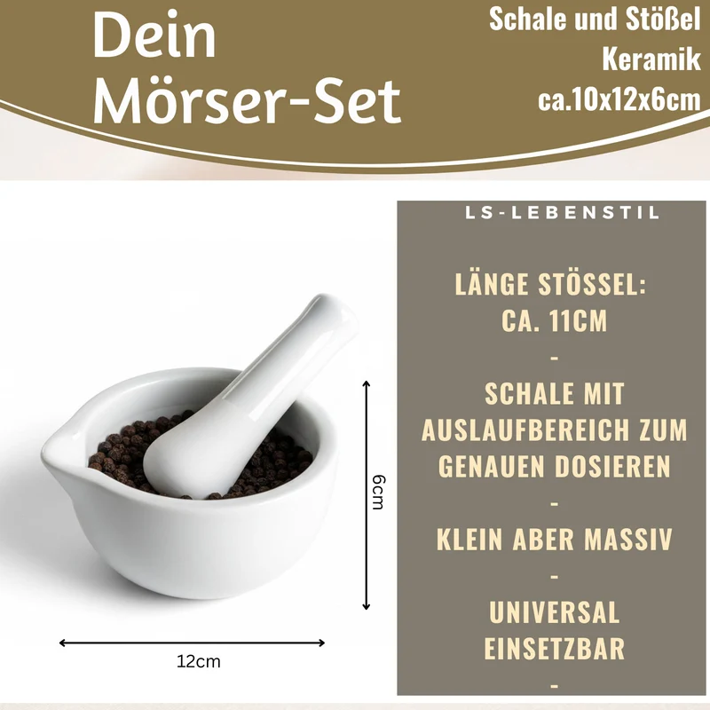 Keramik Mörser Stößel Set Weiß Ø 12cm kleiner Gewürzmörser Zerkleinerer