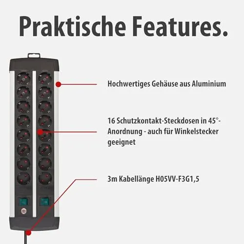 Brennenstuhl Premium-Alu-Line Steckdosenleiste 16-Fach, 3m