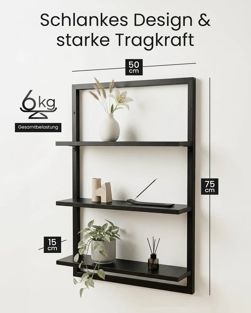 Wandregal Bambus mit schwarzen Metallrahmen, 75x50x15cm, hängendes Regal mit modernem Design, Metall Holz Wand Schweberegal, Regalwand Möbel für Wohnzimmer Küche und Bad (Schwarz)