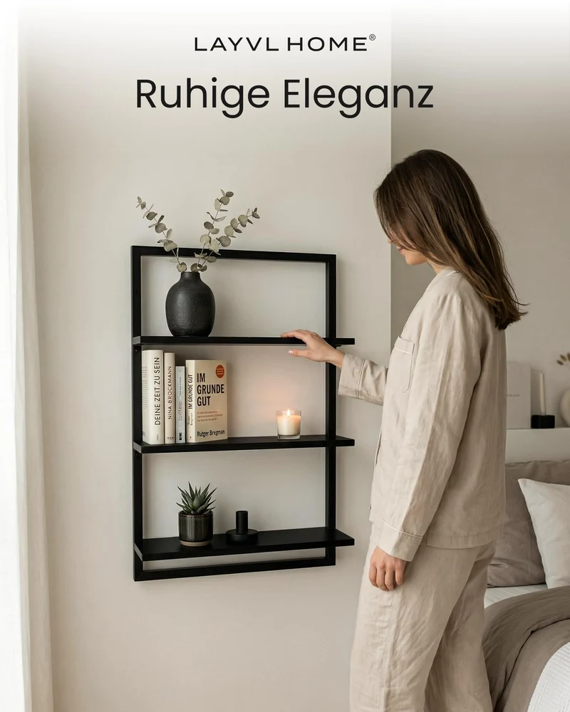 Wandregal Bambus mit schwarzen Metallrahmen, 75x50x15cm, hängendes Regal mit modernem Design, Metall Holz Wand Schweberegal, Regalwand Möbel für Wohnzimmer Küche und Bad (Schwarz)