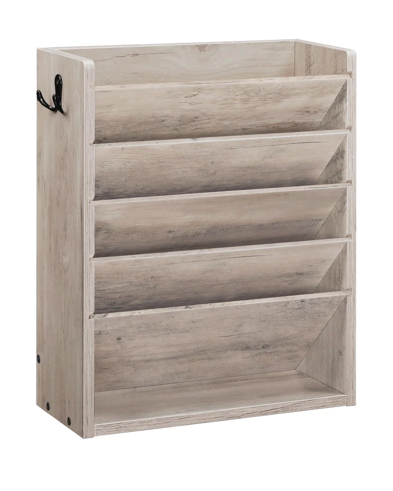 CHOEZON Zeitungshalter Wand, Wandorganizer aus Holzwerkstoff, Wandmontierter Ordner-Organisator, 6-stufiges Dokumentenregal, mit 2 Haken, für das Home Office, Greige DMWJ01FH