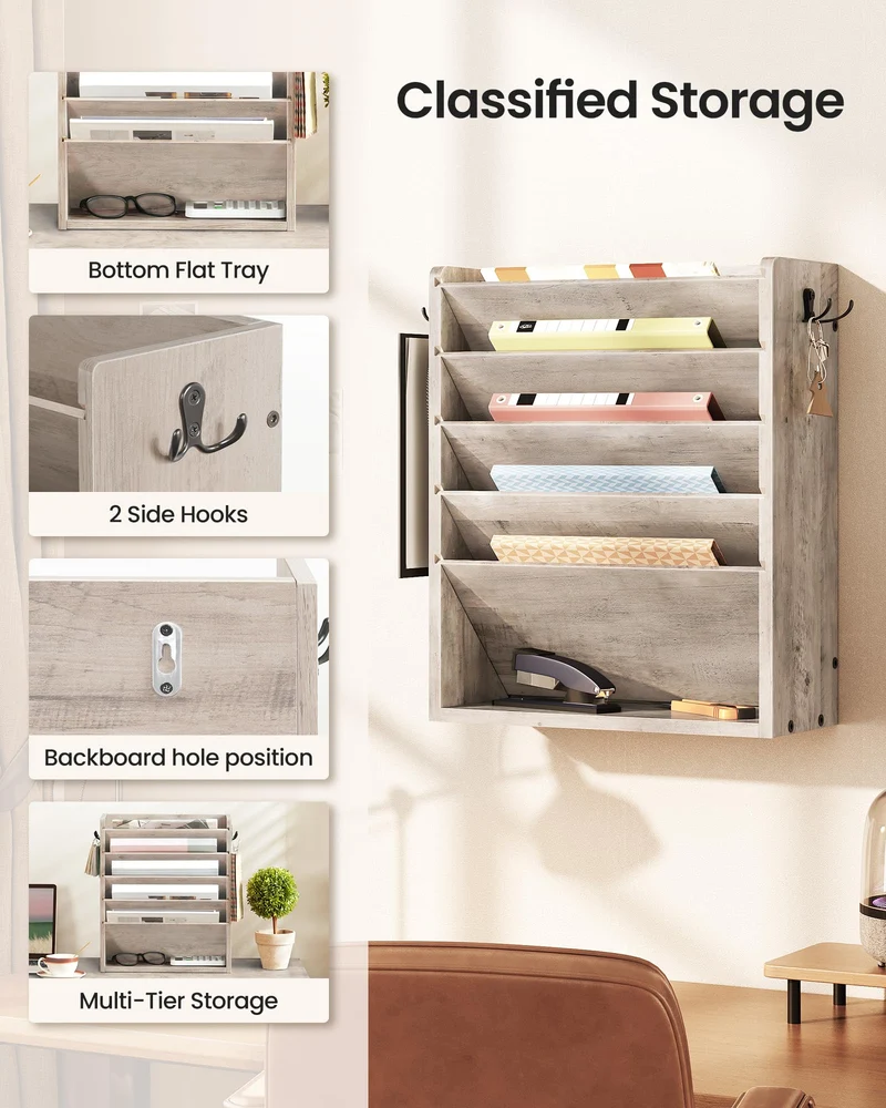 CHOEZON Zeitungshalter Wand, Wandorganizer aus Holzwerkstoff, Wandmontierter Ordner-Organisator, 6-stufiges Dokumentenregal, mit 2 Haken, für das Home Office, Greige DMWJ01FH