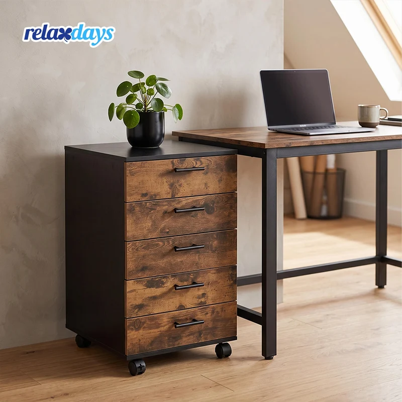 Relaxdays Rollcontainer, 5 Schubladen, schwarz/braun