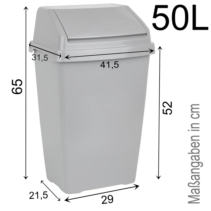 50 Liter Mülleimer mit Klappdeckel 31x42x64 cm - grau - Abfalleimer verschiedene Mengen