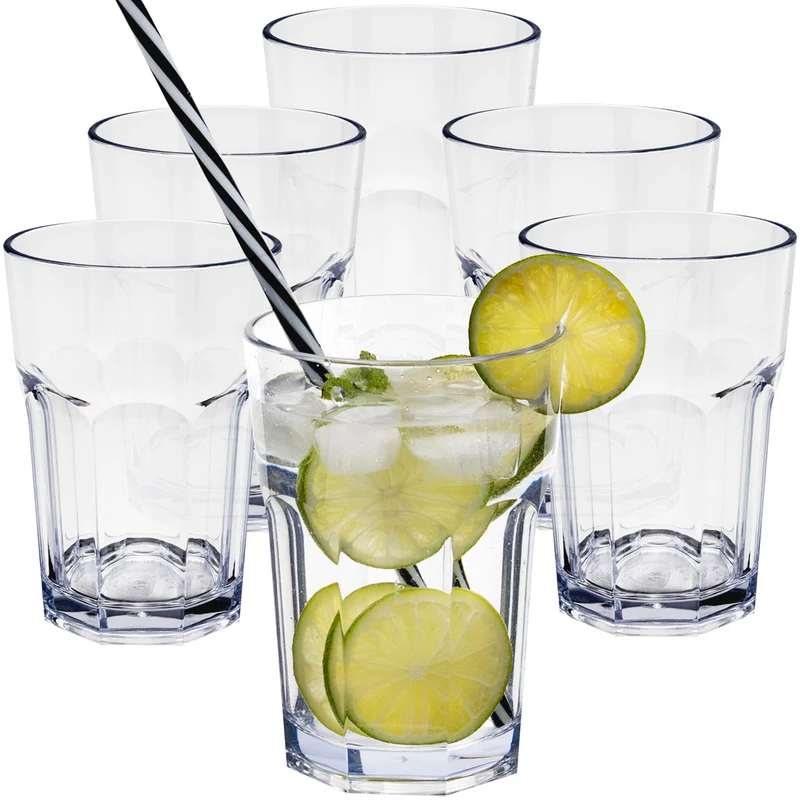 6 x Campingglas aus Acryl 400ml - Trinkglas Acrylglas Wasserglas Kunststoff Camping Garten Echtglasoptik Picknick Becher Kinder Senioren Longdrink Coktail