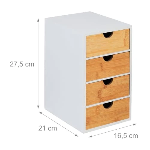 Relaxdays Schubladenbox, Bambus, 4 Schubladen, HxBxT: 27,5 x 16,5 x 21 cm, Schreibtisch Organizer, Büro, Natur/weiß