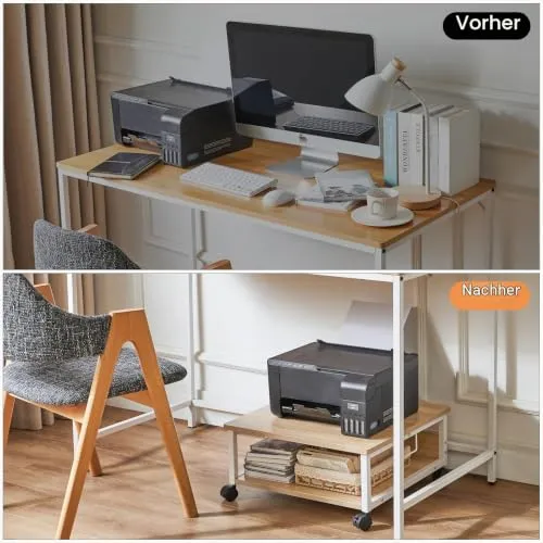IBUYKE 2 Tier Desktop Drucker Stand Cart,Drucker Tisch mit Rädern,Schreibtisch Heavy Duty Rolltisch mit Aufbewahrungsordnern,für Bücher, Faxmaschine, Scanner, Home Office TLJ008R