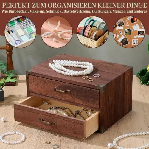 Ciieeo Schreibtisch-Aufbewahrungsbox Aus Holz Mit 2 Schubladen Vintage Schubladenbox Für Bürobedarf Kosmetik Und Schmuck Kompakte Desktop-Box Für Zuhause Arbeitszimmer Und Kleine Räume