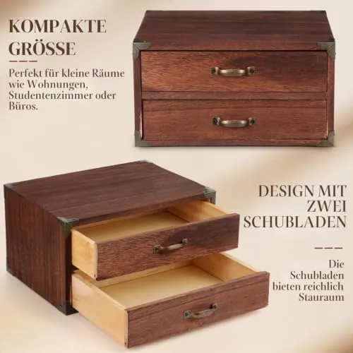 Ciieeo Schreibtisch-Aufbewahrungsbox Aus Holz Mit 2 Schubladen Vintage Schubladenbox Für Bürobedarf Kosmetik Und Schmuck Kompakte Desktop-Box Für Zuhause Arbeitszimmer Und Kleine Räume