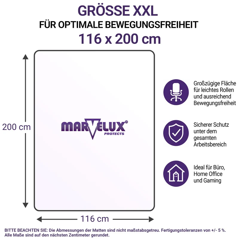 Marvelux Bodenschutzmatte Bürostuhl für Hartböden, Polycarbonat 116 x 200cm