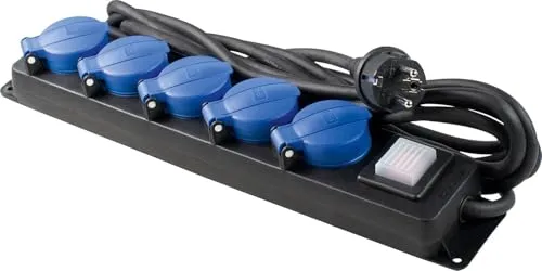 as - Schwabe 5-Fach Verteilersteckdosenleiste mit Schalter, Schutzkontaktsteckdosen mit Klappdeckeln, 1,5 m Leitung, Mehrfachsteckdose für den Außenbereich 230V, 16A, IP44, Schwarz, Blau, 38609