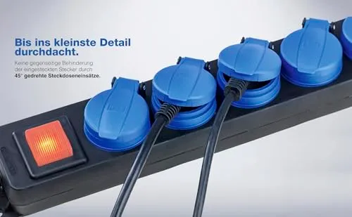 as - Schwabe 5-Fach Verteilersteckdosenleiste mit Schalter, Schutzkontaktsteckdosen mit Klappdeckeln, 1,5 m Leitung, Mehrfachsteckdose für den Außenbereich 230V, 16A, IP44, Schwarz, Blau, 38609