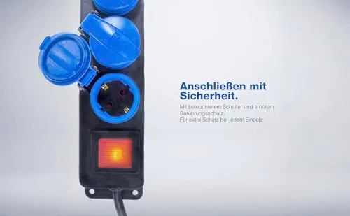 as - Schwabe 5-Fach Verteilersteckdosenleiste mit Schalter, Schutzkontaktsteckdosen mit Klappdeckeln, 1,5 m Leitung, Mehrfachsteckdose für den Außenbereich 230V, 16A, IP44, Schwarz, Blau, 38609