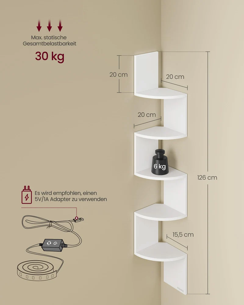 VASAGLE Eckregal mit LED-Beleuchtung, Wandregal 5 Ebenen