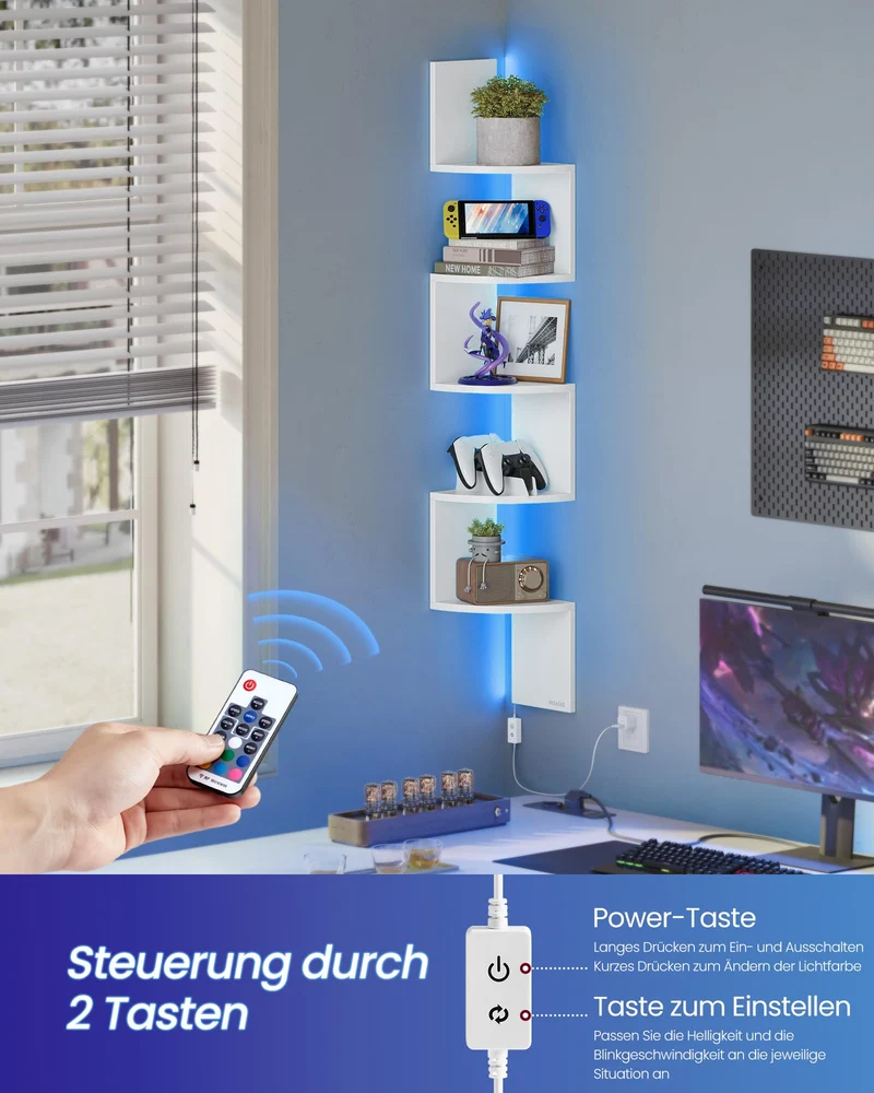 VASAGLE Eckregal mit LED-Beleuchtung, Wandregal 5 Ebenen
