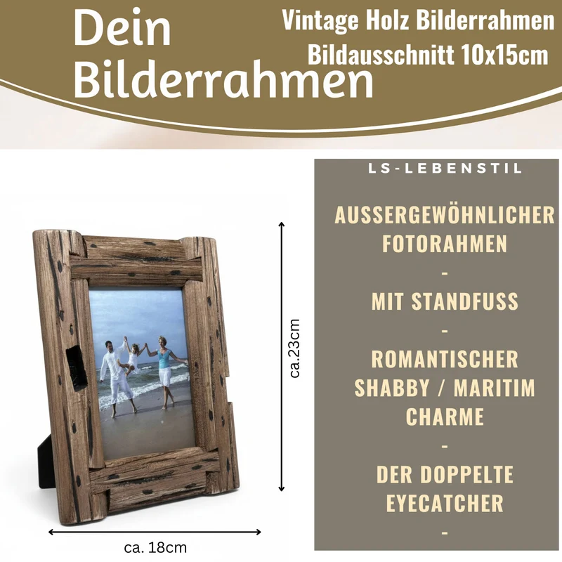 Vintage Holz Bilderrahmen 10x15cm Delhi Rustikal Aufsteller Fotorahmen
