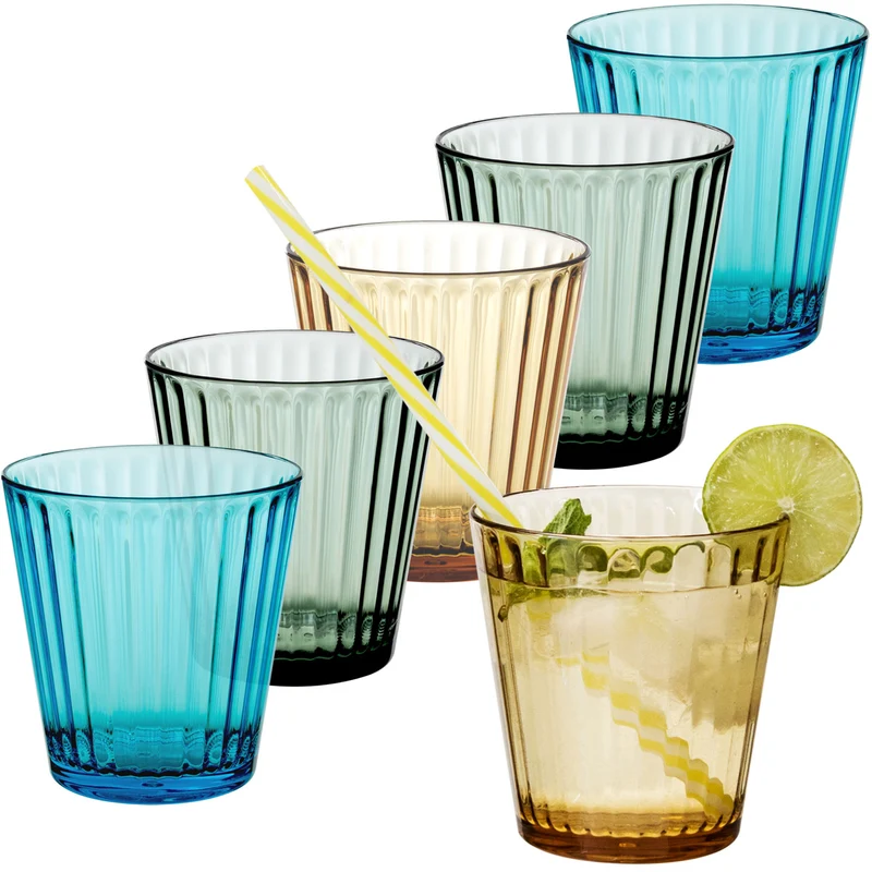 6 x Campingglas aus Acryl 360ml bunt - Trinkglas Acrylglas Wasserglas Kunststoff Camping Garten Echtglasoptik Picknick Becher Kinder Senioren Longdrink Coktail