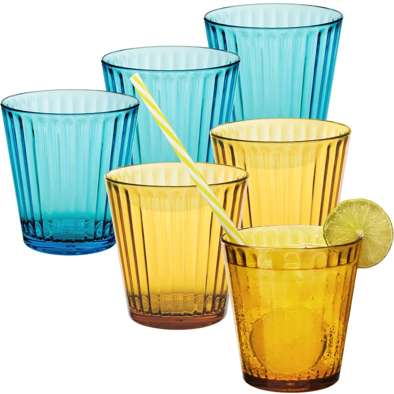 6 x Campingglas aus Acryl 360ml bunt - Trinkglas Acrylglas Wasserglas Kunststoff Camping Garten Echtglasoptik Picknick Becher Kinder Senioren Longdrink Coktail