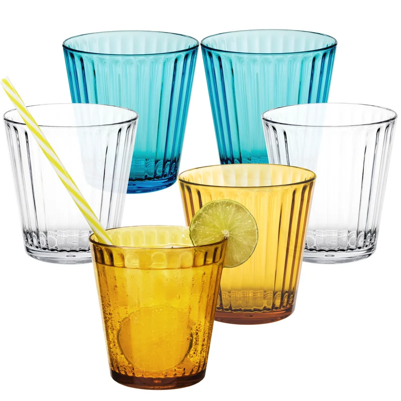 6 x Campingglas aus Acryl 360ml bunt - Trinkglas Acrylglas Wasserglas Kunststoff Camping Garten Echtglasoptik Picknick Becher Kinder Senioren Longdrink Coktail