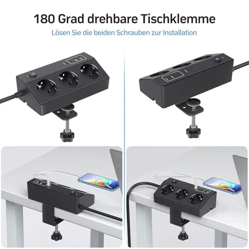 Tischsteckdose mit USB C PD 20W, 4000W/16A Steckdosenleiste Schreibtisch, STGAROT 3 Fach Mehrfachsteckdose 4 USB mit Schalter 2M Kabel, Überspannungsschutz Steckdose Tisch für Zuhause Büro, Schwarz