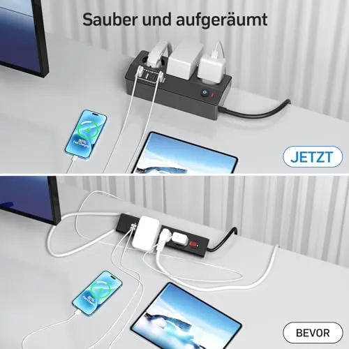 Tischsteckdose mit USB C PD 20W, 4000W/16A Steckdosenleiste Schreibtisch, STGAROT 3 Fach Mehrfachsteckdose 4 USB mit Schalter 2M Kabel, Überspannungsschutz Steckdose Tisch für Zuhause Büro, Schwarz