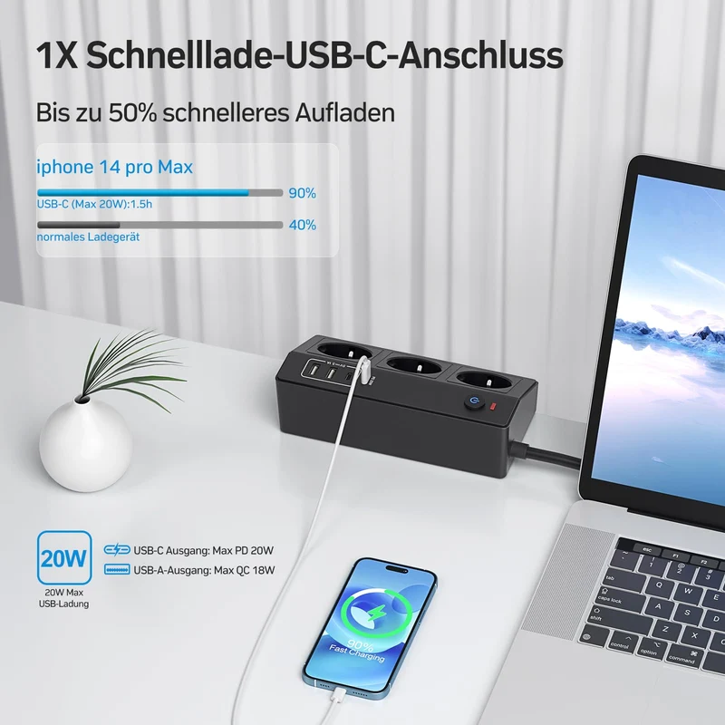 Tischsteckdose mit USB C PD 20W, 4000W/16A Steckdosenleiste Schreibtisch, STGAROT 3 Fach Mehrfachsteckdose 4 USB mit Schalter 2M Kabel, Überspannungsschutz Steckdose Tisch für Zuhause Büro, Schwarz