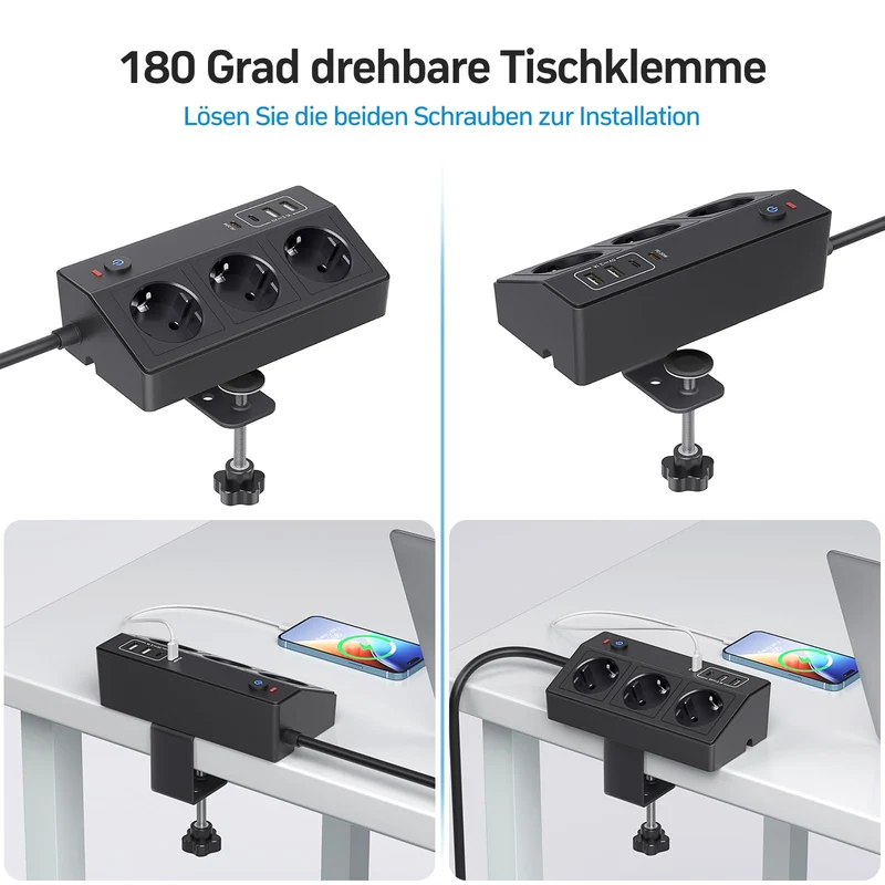 Tischsteckdose mit USB C PD 20W, 4000W/16A Steckdosenleiste Schreibtisch, STGAROT 3 Fach Mehrfachsteckdose 4 USB mit Schalter 2M Kabel, Überspannungsschutz Steckdose Tisch für Zuhause Büro, Schwarz