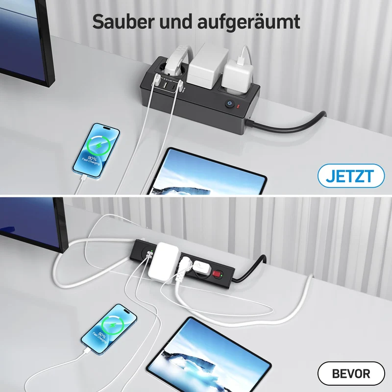 Tischsteckdose mit USB C PD 20W, 4000W/16A Steckdosenleiste Schreibtisch, STGAROT 3 Fach Mehrfachsteckdose 4 USB mit Schalter 2M Kabel, Überspannungsschutz Steckdose Tisch für Zuhause Büro, Schwarz