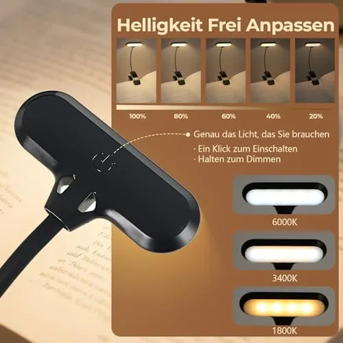 Nixtrve Leselampe Buch Klemme, LED Buchlampe Klemmleuchte, Stufenlos Dimmbar, 3 Farbtemperatur Modi, USB-C Wiederaufladbar, 360° Flexibel, Augenschonendes Leselicht Für Erwachsene & Kinder Im Bett