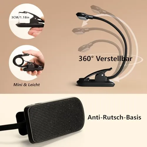 Nixtrve Leselampe Buch Klemme, LED Buchlampe Klemmleuchte, Stufenlos Dimmbar, 3 Farbtemperatur Modi, USB-C Wiederaufladbar, 360° Flexibel, Augenschonendes Leselicht Für Erwachsene & Kinder Im Bett