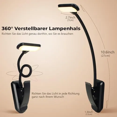 Nixtrve Leselampe Buch Klemme, LED Buchlampe Klemmleuchte, Stufenlos Dimmbar, 3 Farbtemperatur Modi, USB-C Wiederaufladbar, 360° Flexibel, Augenschonendes Leselicht Für Erwachsene & Kinder Im Bett