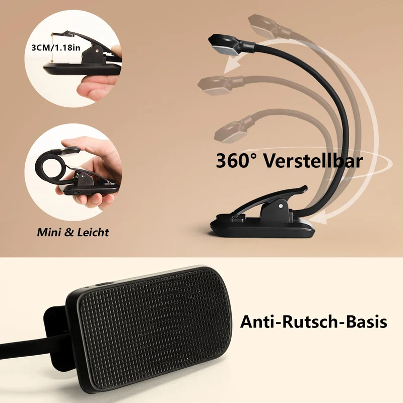 Nixtrve Leselampe Buch Klemme, LED Buchlampe Klemmleuchte, Stufenlos Dimmbar, 3 Farbtemperatur Modi, USB-C Wiederaufladbar, 360° Flexibel, Augenschonendes Leselicht Für Erwachsene & Kinder Im Bett