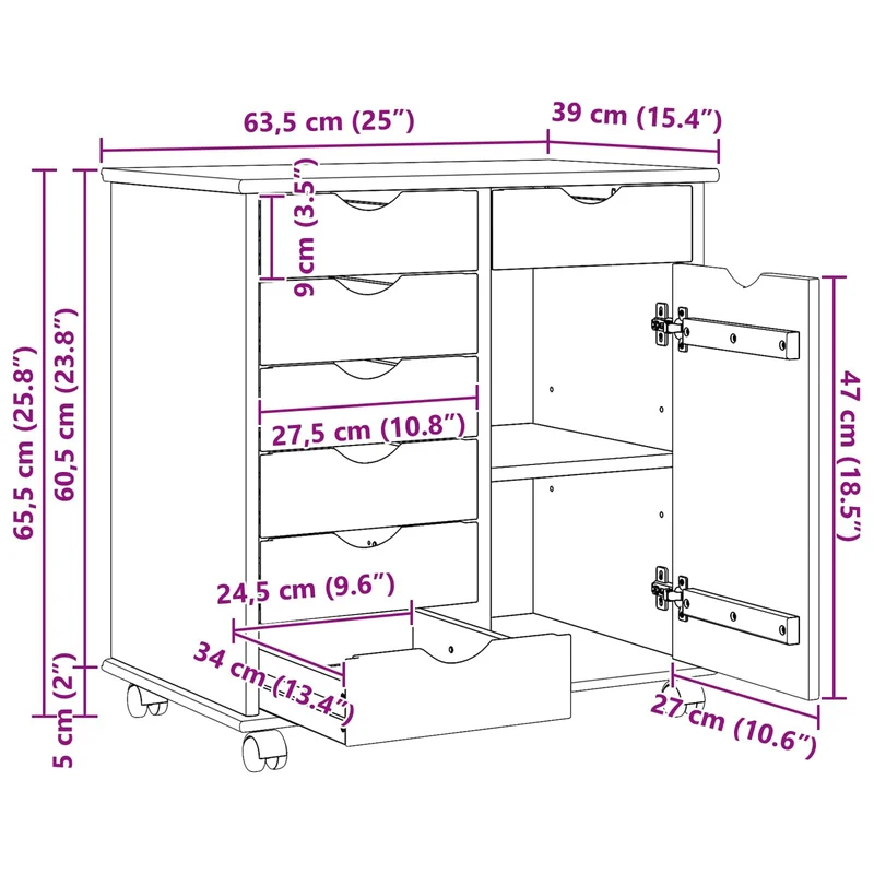 Rollschrank Honigbraun aus Massivholz Kiefer 63,5 x 39 x 65,5 cm mit 7 Schubladen und 1 Regal mobiler Aufbewahrungsschrank für Büro, Keller und Hauswirtschaft