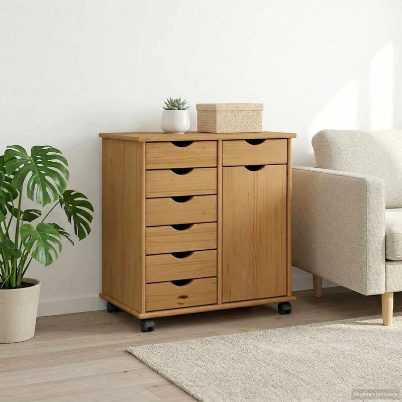 Rollschrank Honigbraun aus Massivholz Kiefer 63,5 x 39 x 65,5 cm mit 7 Schubladen und 1 Regal mobiler Aufbewahrungsschrank für Büro, Keller und Hauswirtschaft