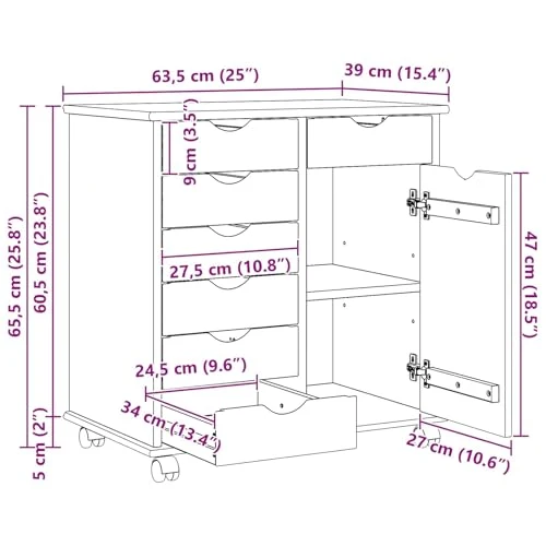 Rollschrank Honigbraun aus Massivholz Kiefer 63,5 x 39 x 65,5 cm mit 7 Schubladen und 1 Regal mobiler Aufbewahrungsschrank für Büro, Keller und Hauswirtschaft