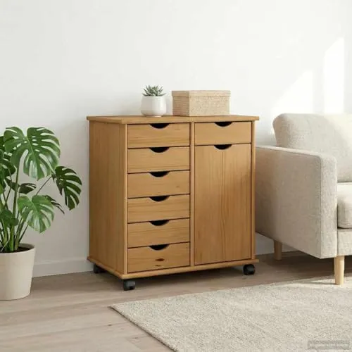 Rollschrank Honigbraun aus Massivholz Kiefer 63,5 x 39 x 65,5 cm mit 7 Schubladen und 1 Regal mobiler Aufbewahrungsschrank für Büro, Keller und Hauswirtschaft