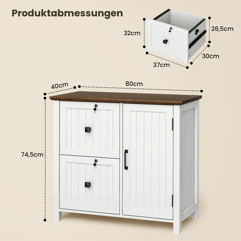 Pamapic Aktenschrank Holz Abschließbar mit 2 Schubladen, Büroschrank für Formate Letter/Legal/A4, Büromöbel mit Verstellbaren Einlegeböden & 1 Großer Schrank, Druckerständer, Weiß