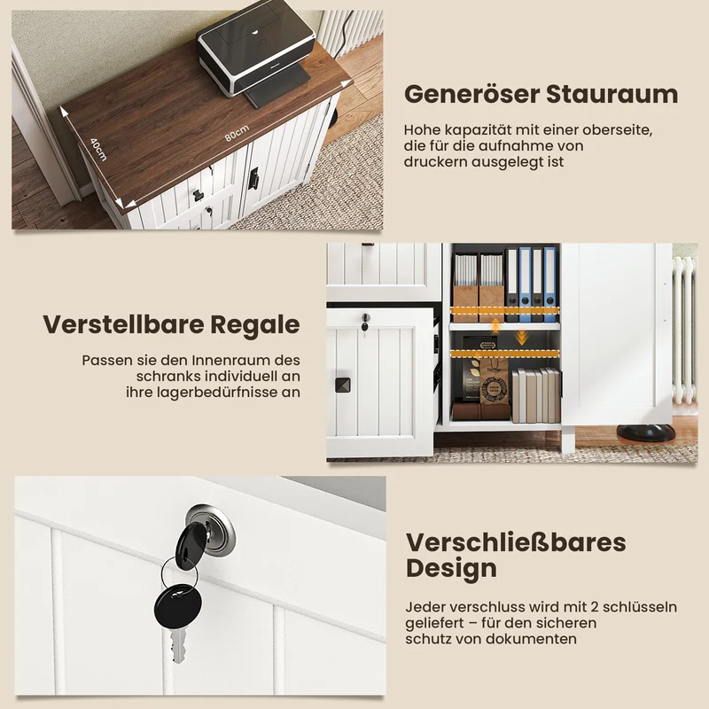 Pamapic Aktenschrank Holz Abschließbar mit 2 Schubladen, Büroschrank für Formate Letter/Legal/A4, Büromöbel mit Verstellbaren Einlegeböden & 1 Großer Schrank, Druckerständer, Weiß