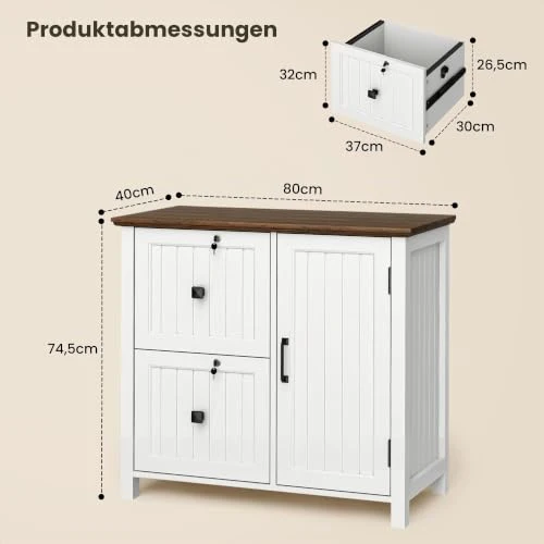 Pamapic Aktenschrank Holz Abschließbar mit 2 Schubladen, Büroschrank für Formate Letter/Legal/A4, Büromöbel mit Verstellbaren Einlegeböden & 1 Großer Schrank, Druckerständer, Weiß