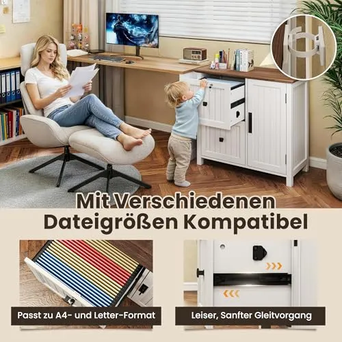 Pamapic Aktenschrank Holz Abschließbar mit 2 Schubladen, Büroschrank für Formate Letter/Legal/A4, Büromöbel mit Verstellbaren Einlegeböden & 1 Großer Schrank, Druckerständer, Weiß