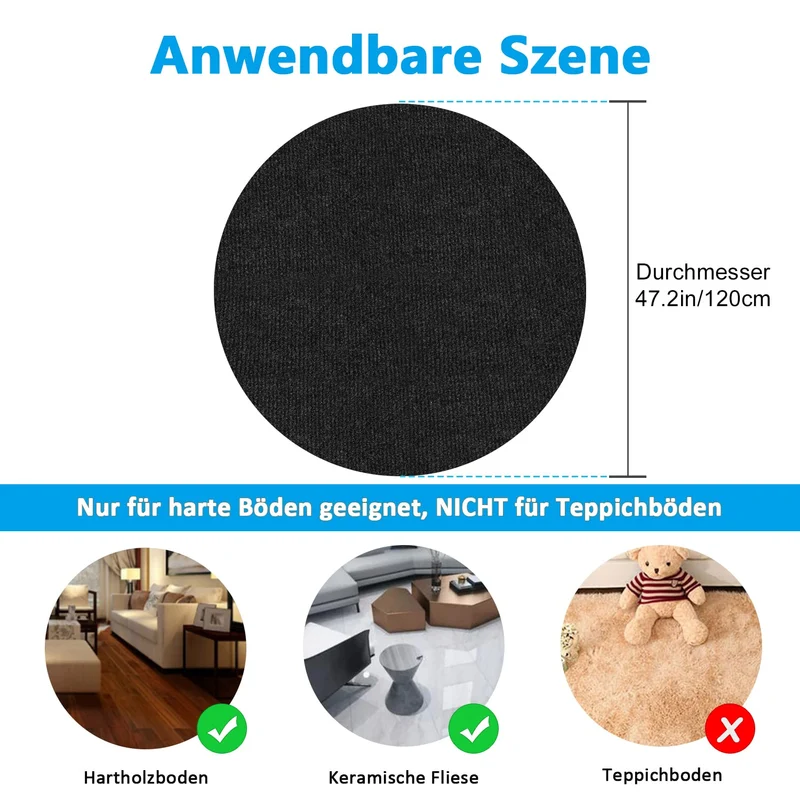 Bodenschutzmatte | Bürostuhl Unterlage | Gaming Stuhlmatten |120 x 120 cm Rund | Hartboden | Verbesserte Version - Großer Rutschfester Mehrzweck-Stuhlteppich für zu Hause (Schwarz)
