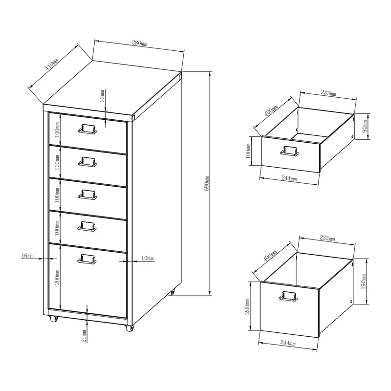 Helloshop26 Büroschrank, Rollschrank, mit 5 Schubladen, 69 x 28 x 41 cm, Blau, 03_0009099