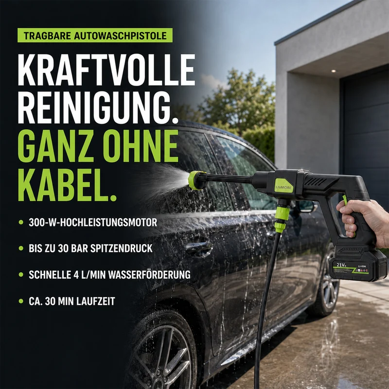 LIVMORE tragbarer Akku-Druckreiniger mit 6-in-1-Düse, 300W, bis 30bar, Schwarz