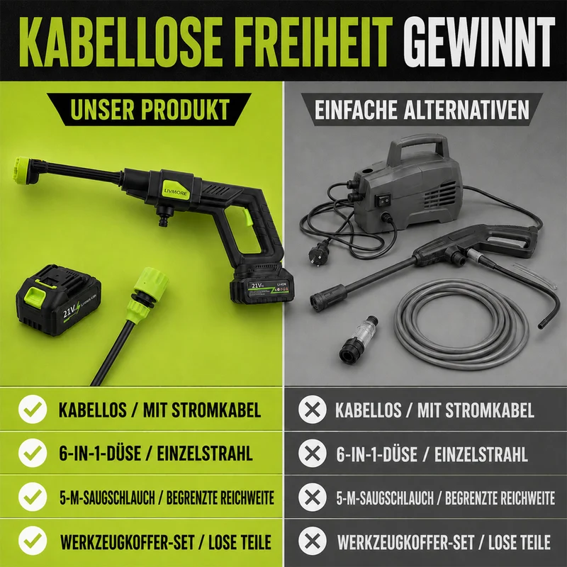 LIVMORE tragbarer Akku-Druckreiniger mit 6-in-1-Düse, 300W, bis 30bar, Schwarz