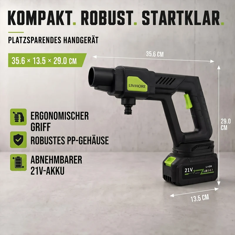 LIVMORE tragbarer Akku-Druckreiniger mit 6-in-1-Düse, 300W, bis 30bar, Schwarz