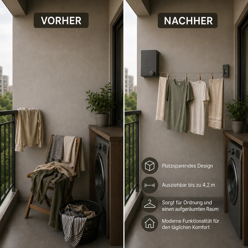 LIVMORE ausziehbare Wäscheleine zur Wandmontage, bis 4,2m, Grau