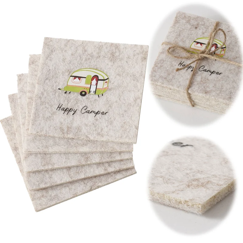 6x Filz Glasuntersetzer 10cm Happy Camper Eckig für Gläser Getränke Tassen Deko