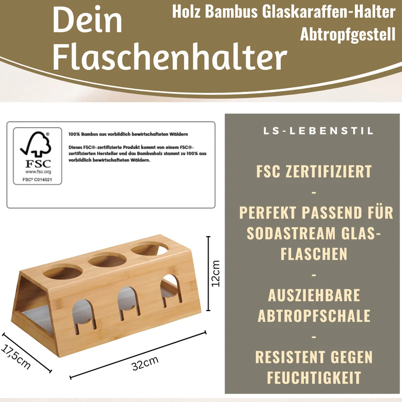 Holz Flaschenständer Bambus passend für 3 Sodastream Flaschen Abtropfschale