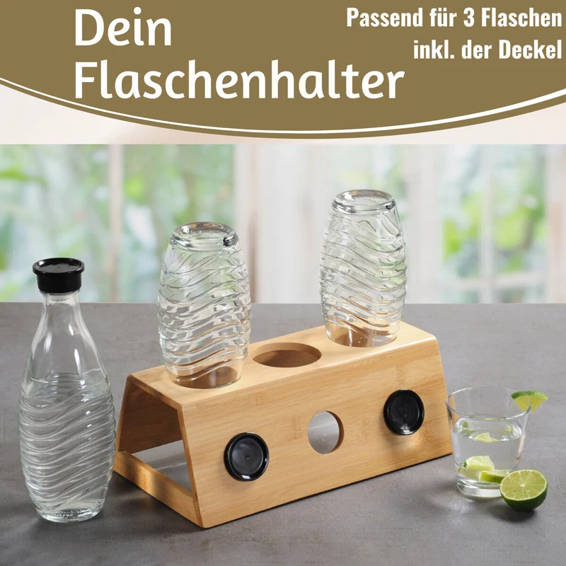 Holz Flaschenständer Bambus passend für 3 Sodastream Flaschen Abtropfschale